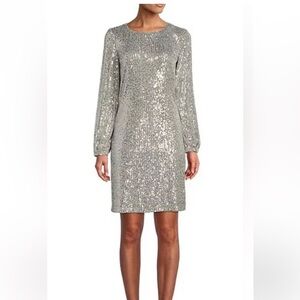 Preston & York NWT Holiday Silver Sequin Swing Midi Long Sleeve Dress Size 14